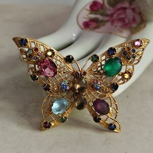 Vintage Czech Gilt Filigree Butterfly Brooch with Multicolor Glass Stones